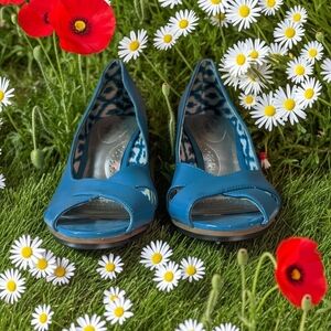 Dexflex Comfort Women's Blue Peep Toe Platform Wedge Sandals Size 7W